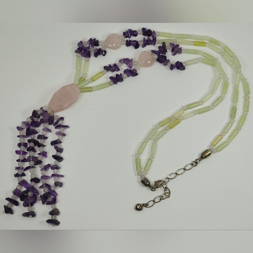 Jay King Desert Rose Trading Rose Quartz, Jadite, Amethyst Tassel Necklace